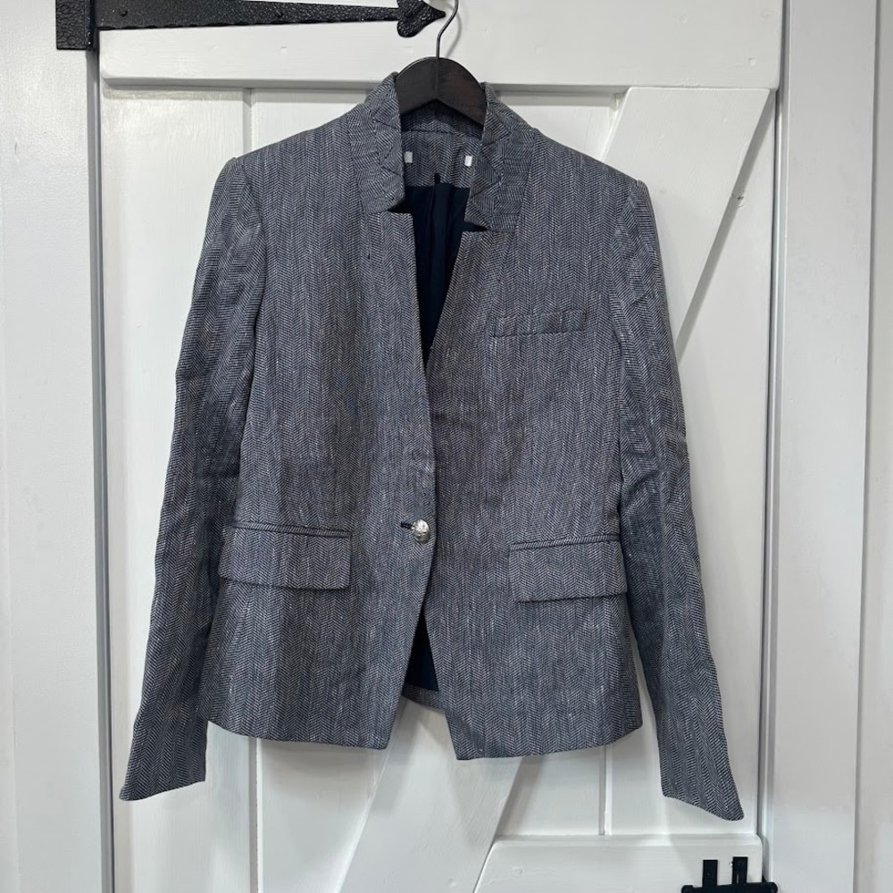Veronica Beard Womens Blazer Size 8 Herringbone Linen Blend Single Button Blue